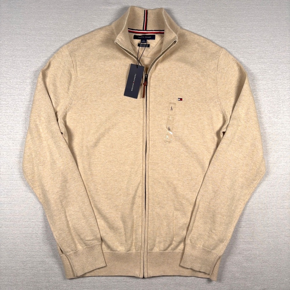 Tommy Hilfiger Solid Full-Zip Sweater Mens Size L Beige Cotton Long Sleeve NEW